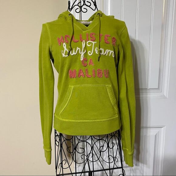 Hollister "Malibu Surf Team" Extra Small Bright Neon Green Pullover Surf Hoodie - Picture 2 of 9